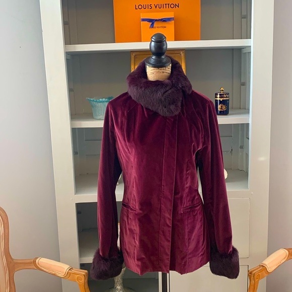 Tahari Jackets & Blazers - TAHARI Designer Velvet Genuine Fur coat jacket wine red purple M 8 $450